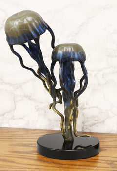 Brass Colorful Nautical Jellyfish Pair Floating In The Sea Statue On Marble Base-1