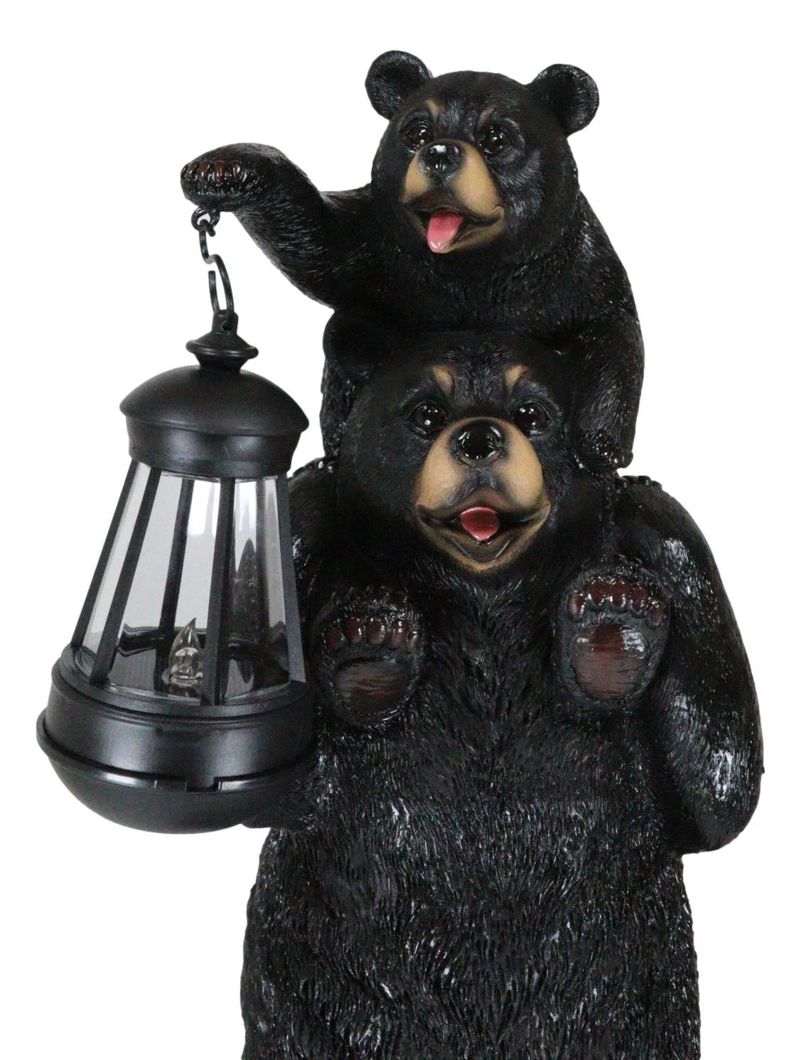 Rustic Black Bear Carrying Cub On Shoulder Statue Solar LED Lantern Light Decor-8