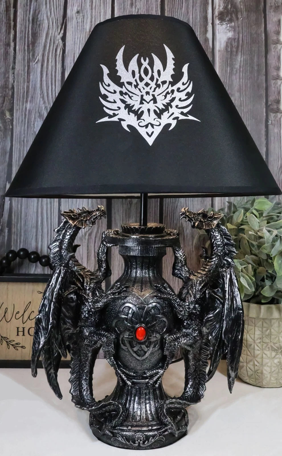 Lámpara de mesa de escritorio con diseño de dragón doble trepador gótico, estatua decorativa y pantalla de 48 cm de alto-7