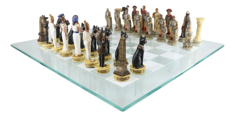 Pharaoh Egyptian VS Caesar Roman Empire Resin Chess Pieces W/ Glass Board-8