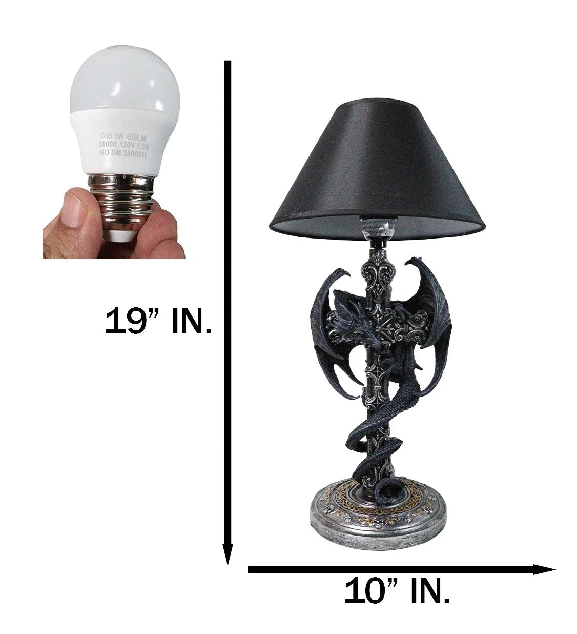 Gothic Faux Stone Dragon Perching On Celtic High Cross Sculptural Table Lamp-9