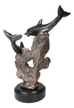 Marine 2 Black Dolphins Swimming by Coral Reef Electroplated Bronze Figurine-6