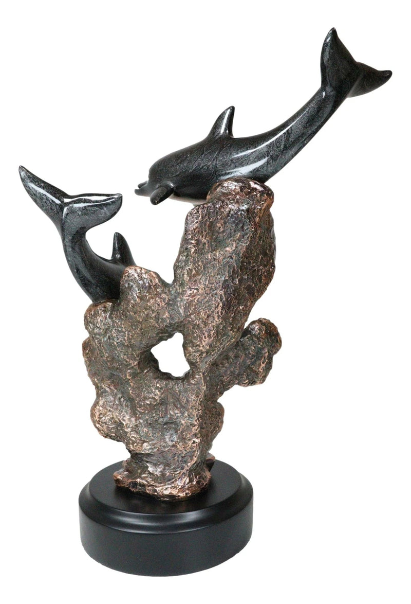 Marine 2 Black Dolphins Swimming by Coral Reef Electroplated Bronze Figurine-6