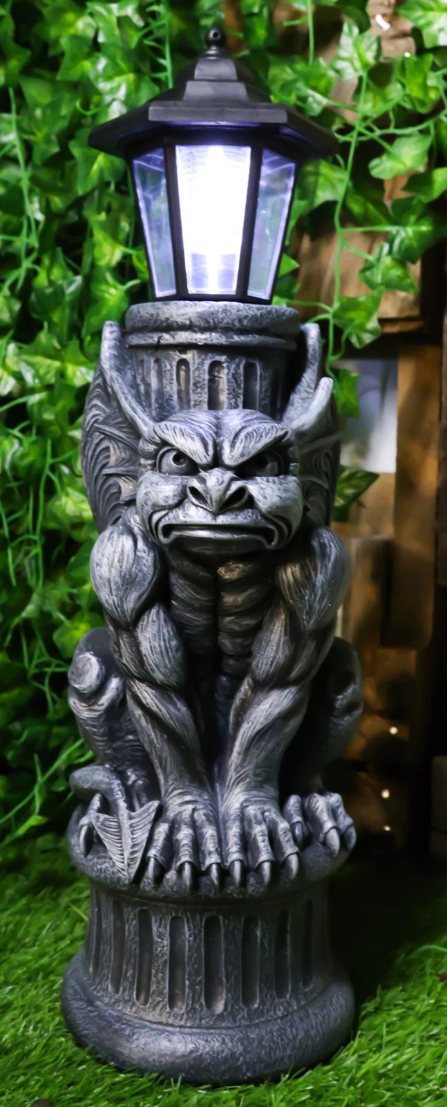 Gothic Crouching Winged Gargoyle Statue With Solar LED Lantern Light Post 20"H-1
