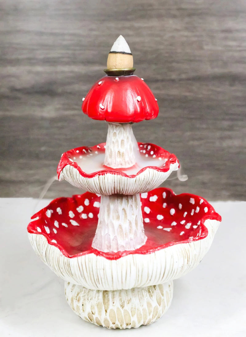 Enchanted Fairy Garden Red 3 Tiered Toadstool Mushrooms Backflow Incense Burner-1
