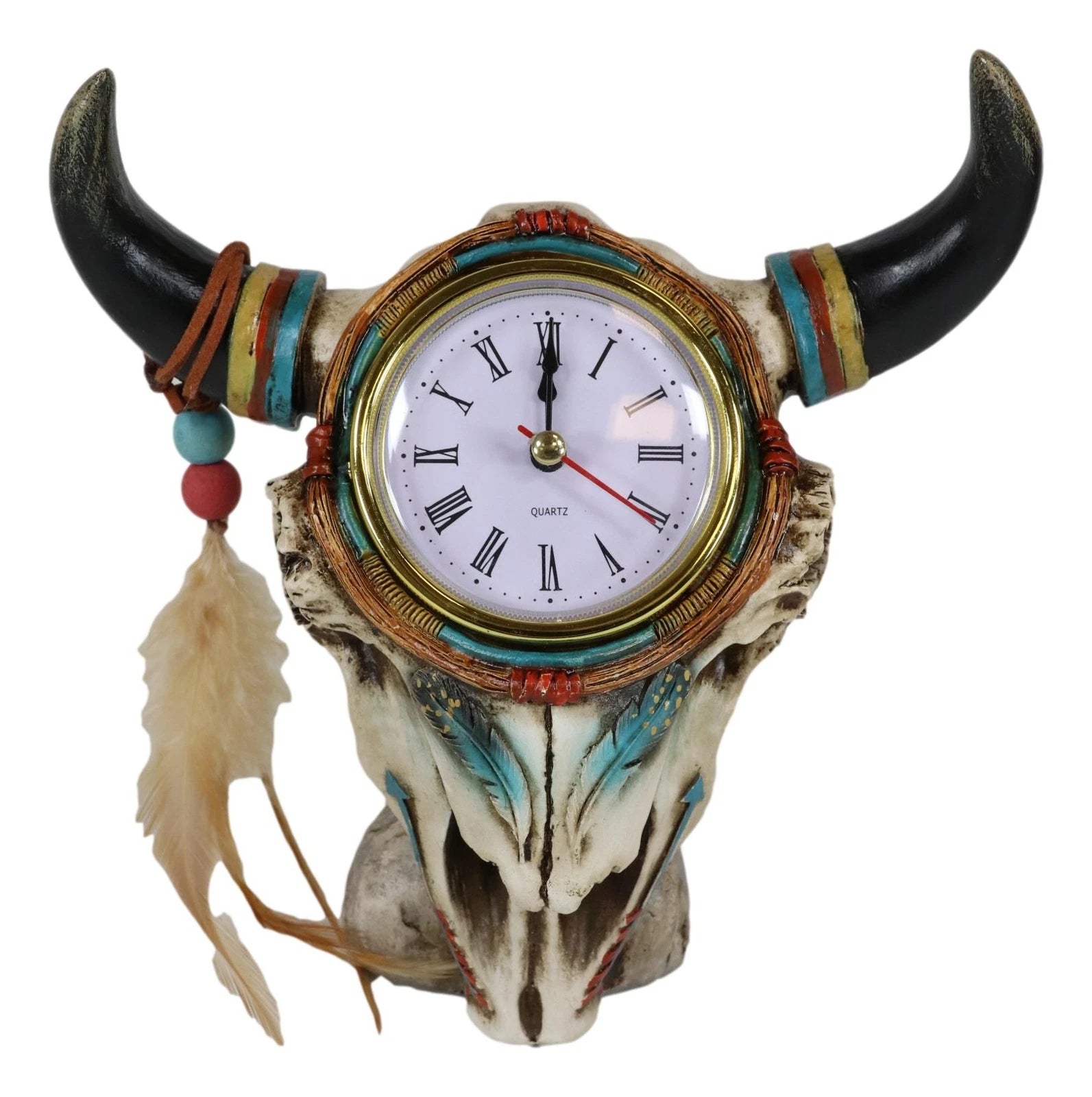 Southwestern Indian Dreamcatcher Feathers Steer Cow Skull Desktop Table Clock-10