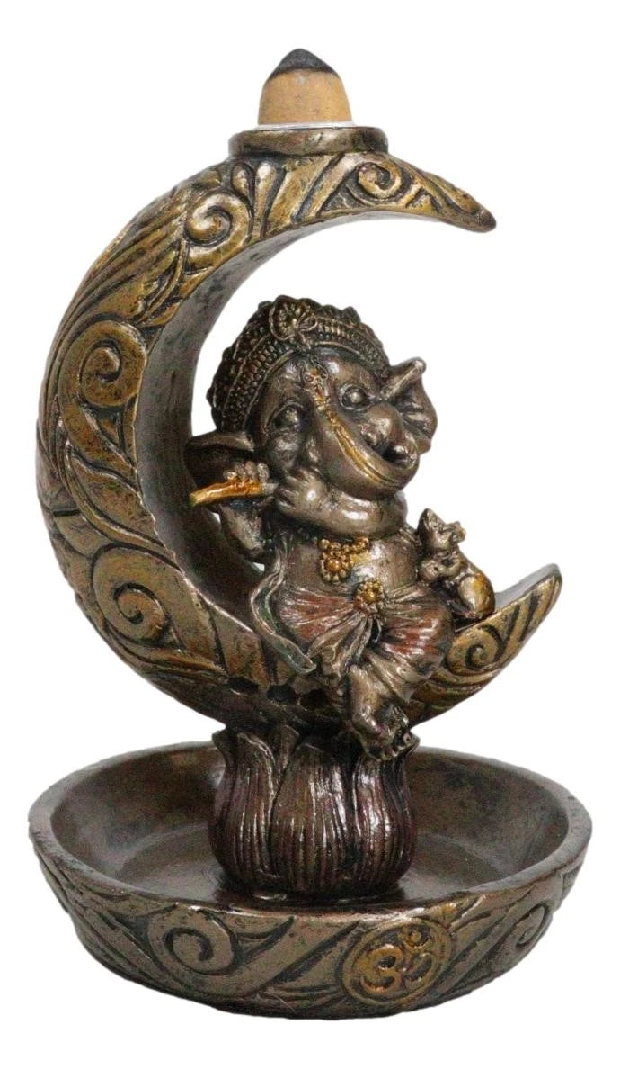 Quemador de incienso con reflujo de Ganesha, el dios hindú tocando la flauta en la luna creciente-8