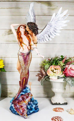 Large Goddess Mermaid Embracing With Heavenly Winged Angel By The Ocean Statue-2