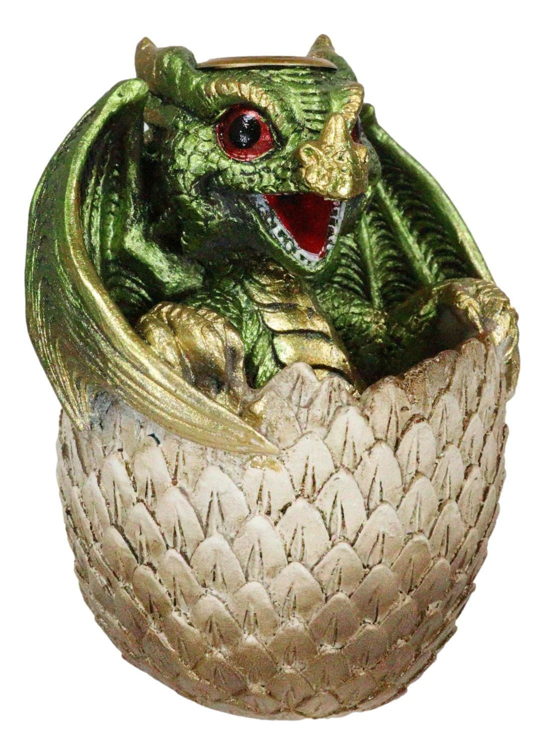 Green Wyrmling Baby Dragon On Golden Egg Backflow Incense Cone Burner Figurine-5