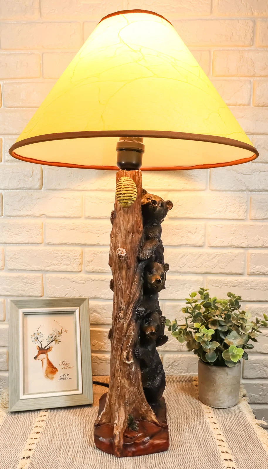 Rustic Climbing 3 Stacked Black Bear Cubs Getting Honey Table Lamp W/Shade-2