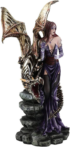 Large 26"H Gothic Soothsayer Psychic Fairy & Bone Skeletal Ghost Dragon Statue-8