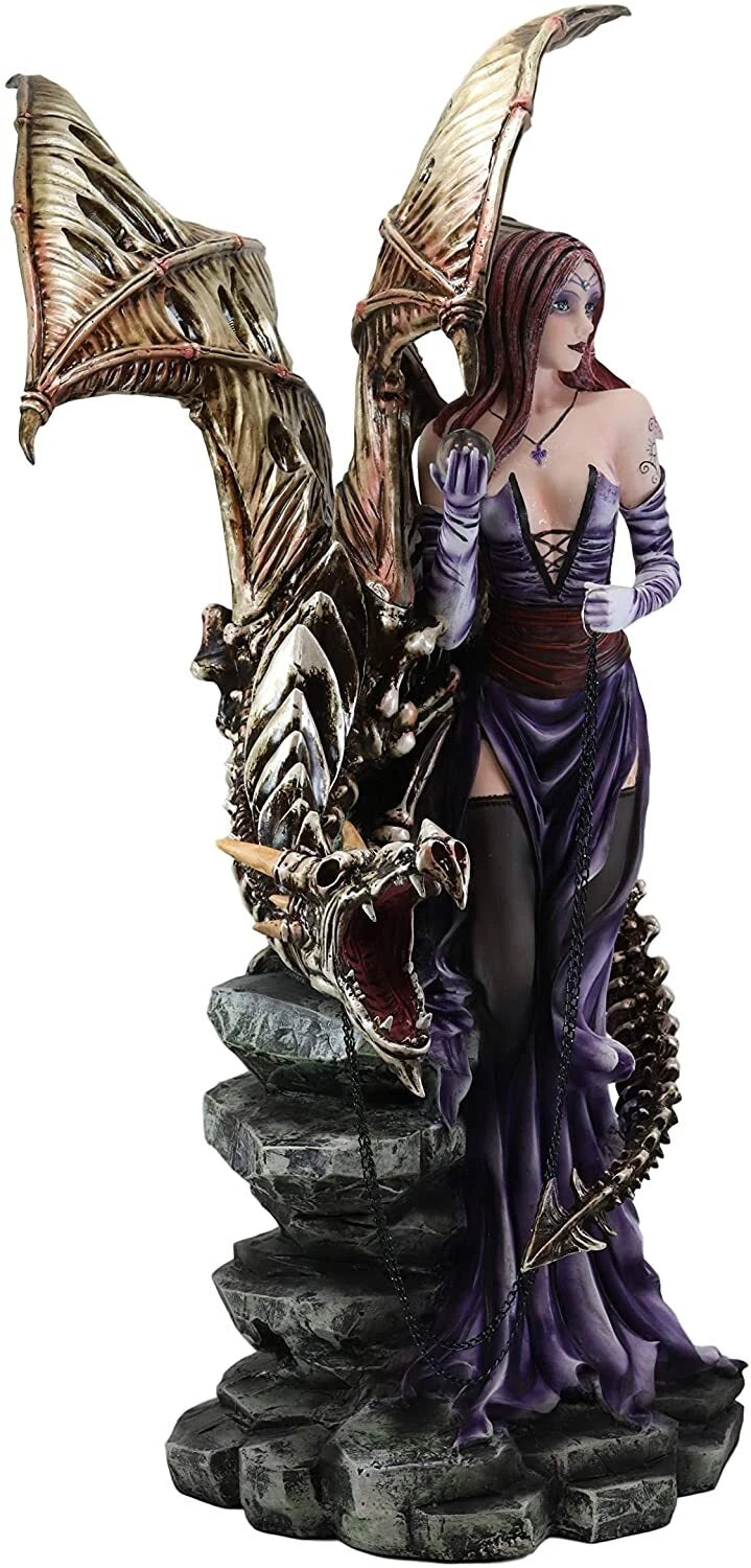 Large 26"H Gothic Soothsayer Psychic Fairy & Bone Skeletal Ghost Dragon Statue-8