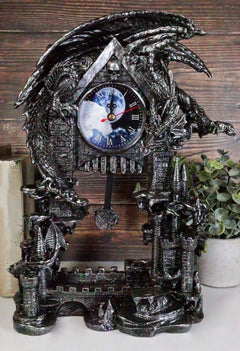 Large Gothic Smaug Dragon Overlord Guarding Castle Pendulum Table Clock Statue-1