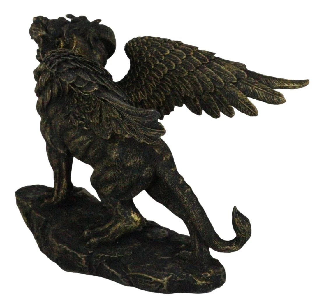 Faux Bronze Greek Guardian Winged Lion Chimera Gargoyle With Goat Horns Figurine-7