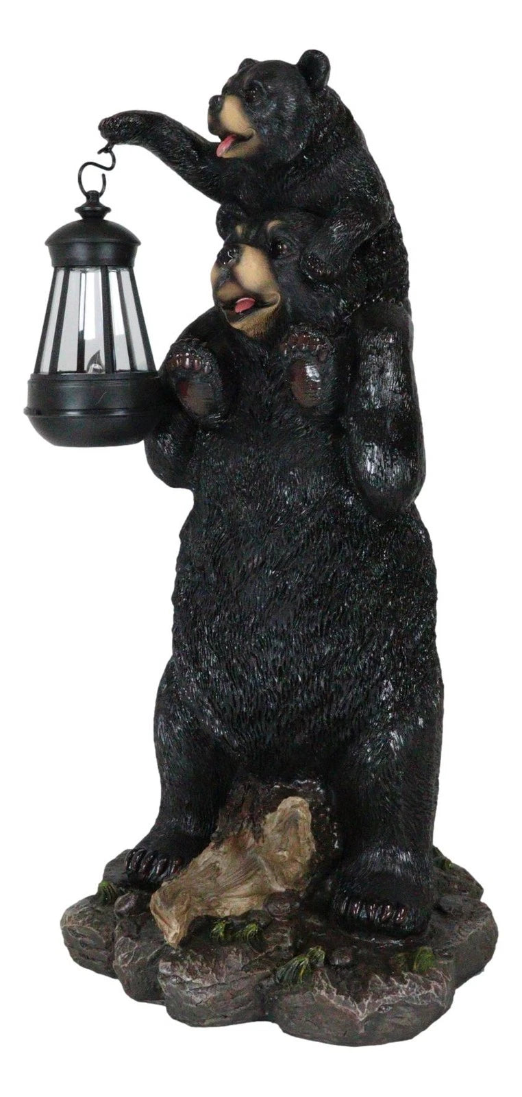 Rustic Black Bear Carrying Cub On Shoulder Statue Solar LED Lantern Light Decor-9