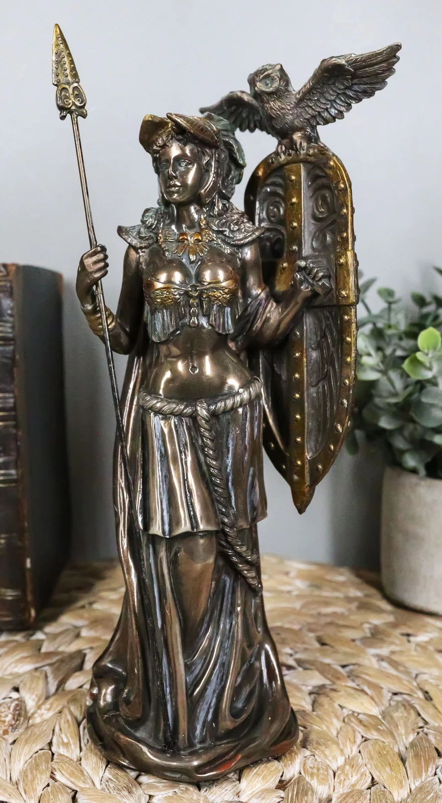 Greek Goddess Athena Wearing Helmet With Spear Aegis Shield And Owl Statue Decor-3