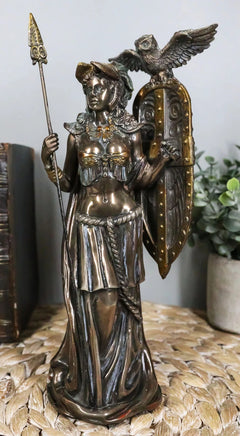 Greek Goddess Athena Wearing Helmet With Spear Aegis Shield And Owl Statue Decor-3