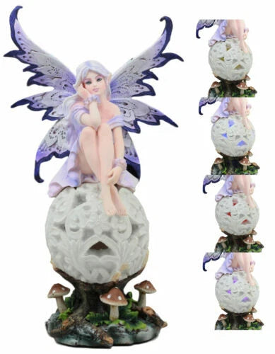 Goddess Amethyst Fairy Sitting On Filigree Orb Figurine LED Night Light-8
