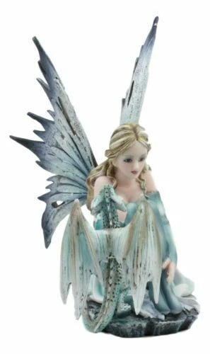 Winter Fairy With Bossy Baby Dragon Statue 7.25"Tall Mythical Fae Magic-7