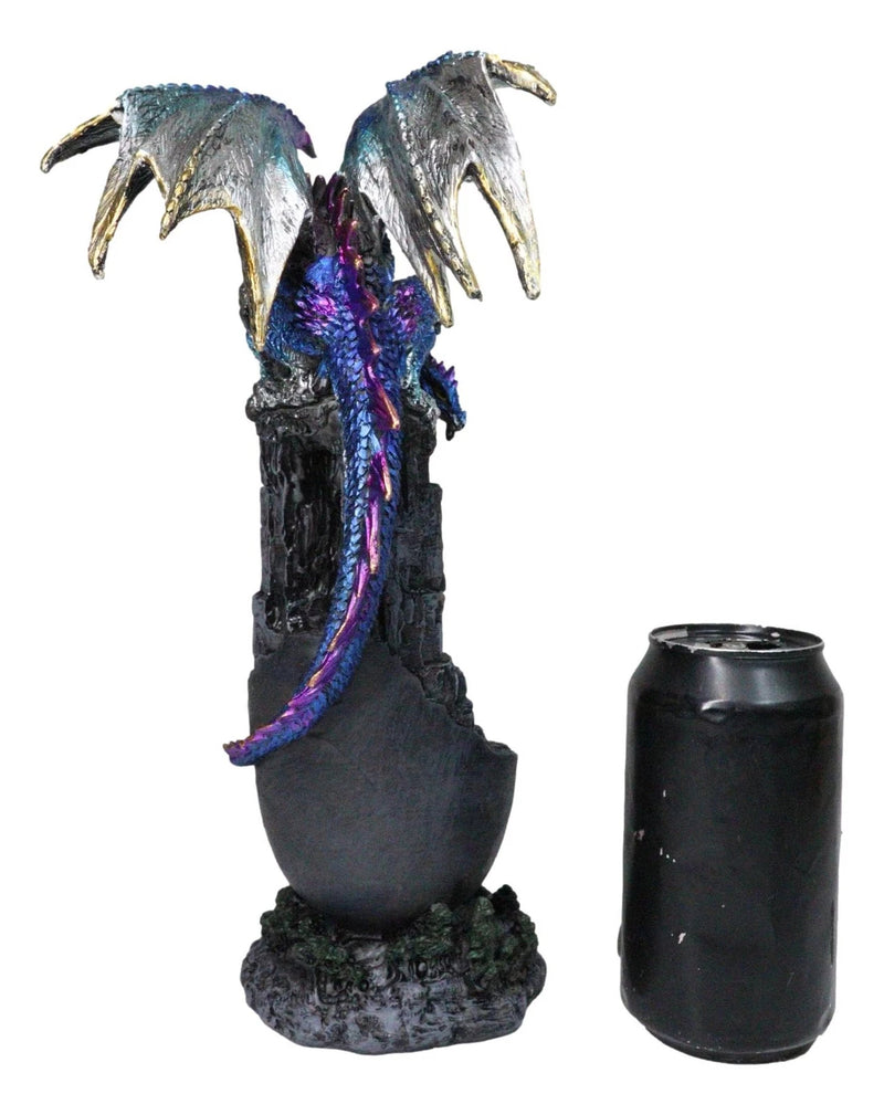 Medieval Blue Dragon Perching On Abandoned Castle Tower Ruins Figurine 12"H-7