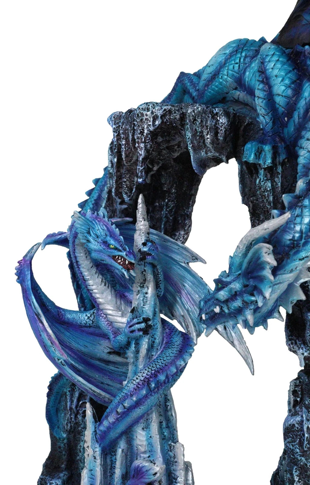 20"H Large Blue Frozen Dragon On Arch With Wyrmling By Ice Stalagmite Statue-10