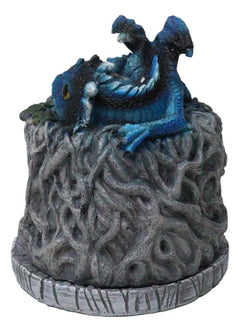 Blue Wyrmling Dragon Sleeping On Tree Of Life Stump Cone Incense Burner Figurine-5