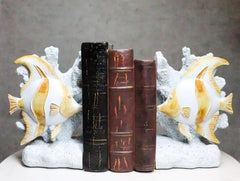 Nautical Sea Coastal Marine Angelfish Fishes Swimming By Corals Bookends Pair-1
