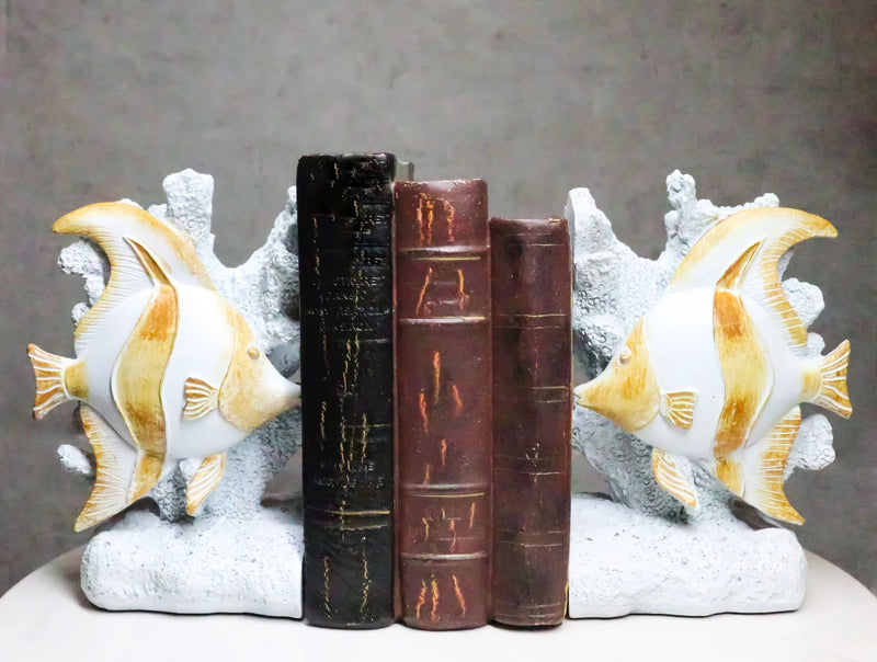 Nautical Sea Coastal Marine Angelfish Fishes Swimming By Corals Bookends Pair-1