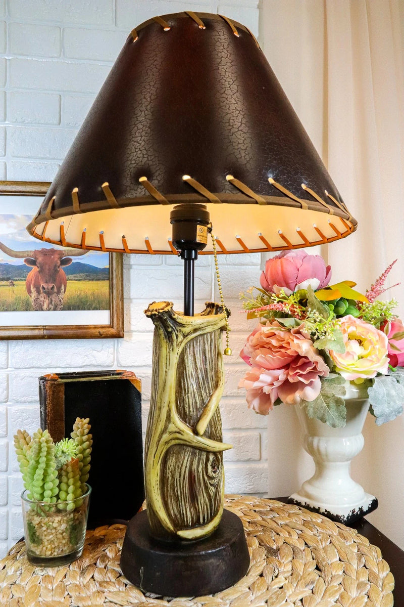 Rustic Western Hunters Lodge Deer Antlers On Driftwood Trunk Desktop Table Lamp-2