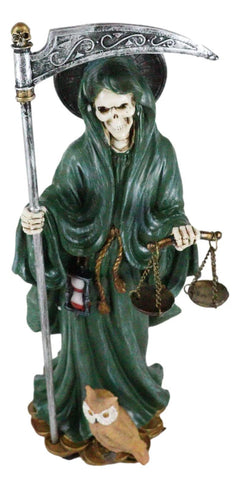 Standing Green Santa Muerte With Scythe Scales of Justice And Wise Owl Figurine-6