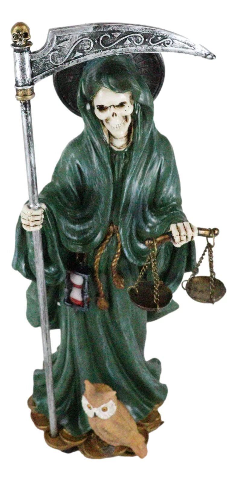 Standing Green Santa Muerte With Scythe Scales of Justice And Wise Owl Figurine-6