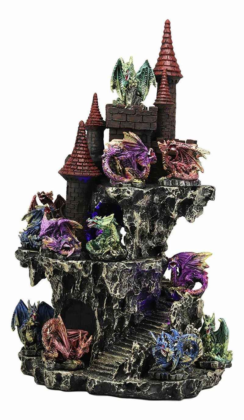 Medieval Rocky Cliff Castle LED Light Display Stand With 12 Mini Dragons Statue-7