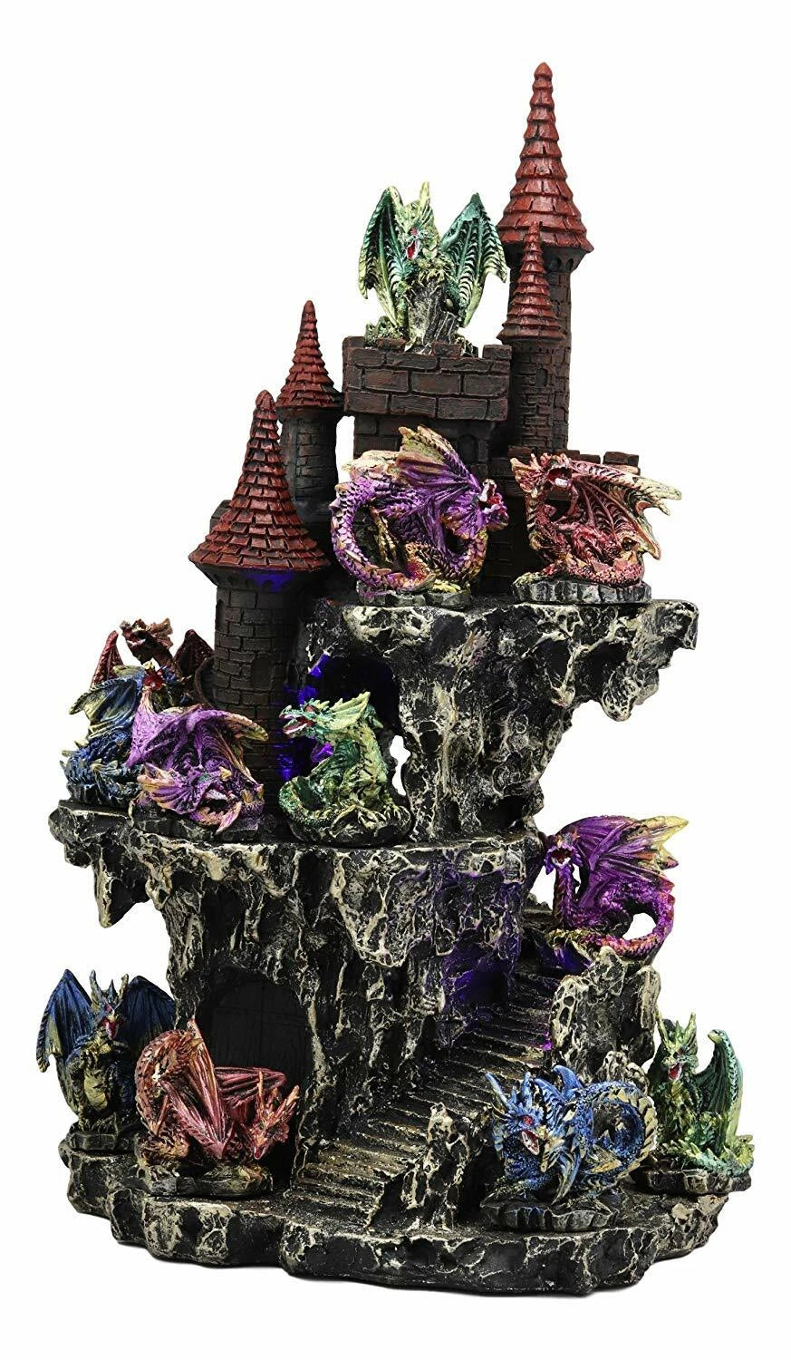 Medieval Rocky Cliff Castle LED Light Display Stand With 12 Mini Dragons Statue-7