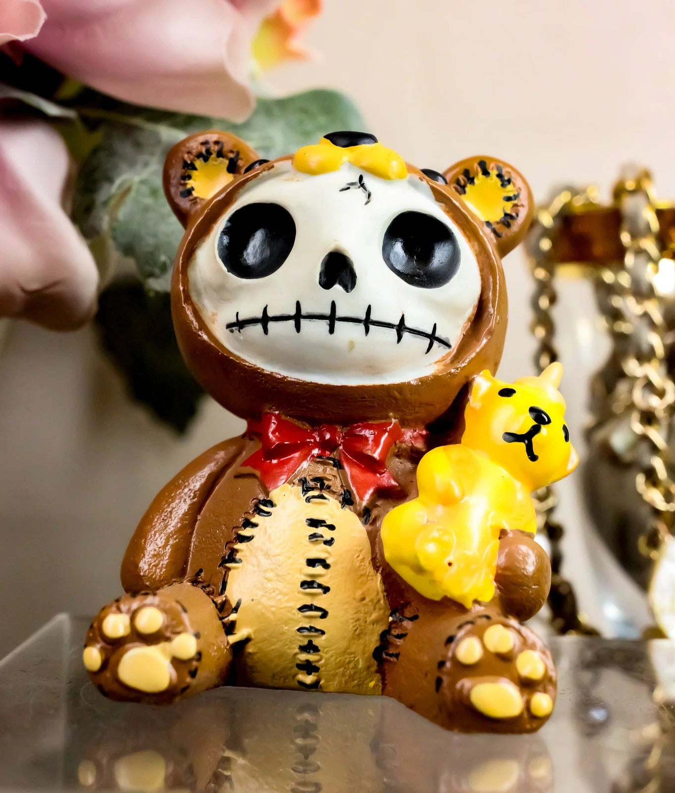 Furrybones Voodoo Teddy Bear With Honey Bear Bottle Skeleton Statue 2.5"Tall-1