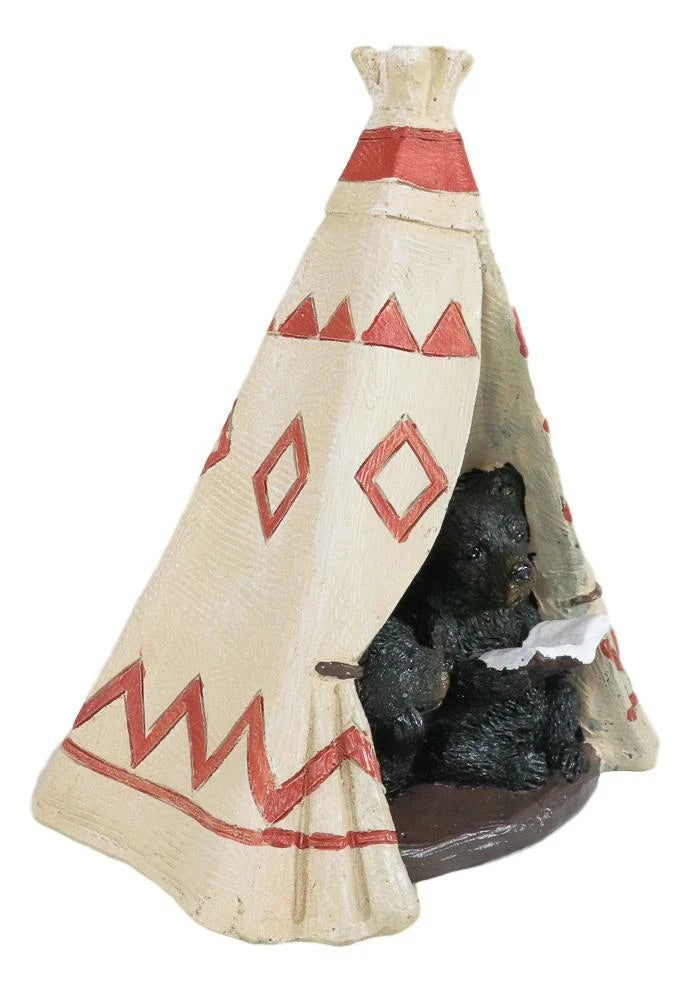 Rustic Forest Black Bear Cubs Story Time Reading Book In Teepee Figurine-7
