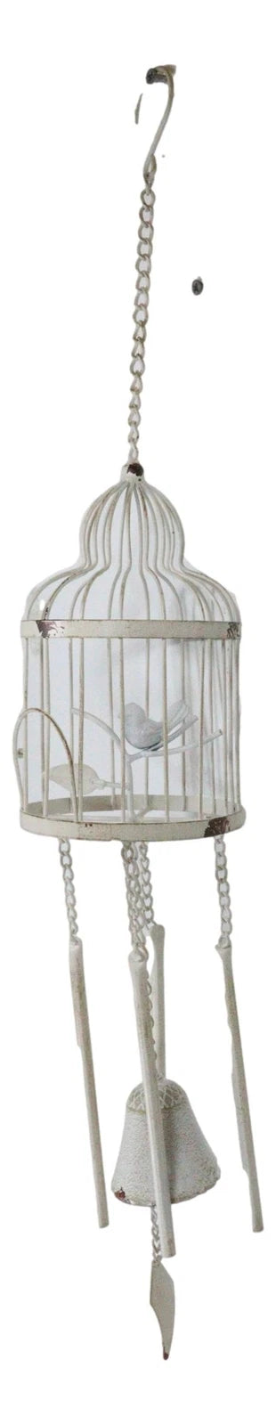 Whimsical Rustic White Bird Perching On Twig In Cage Aluminum Metal Wind Chime-8