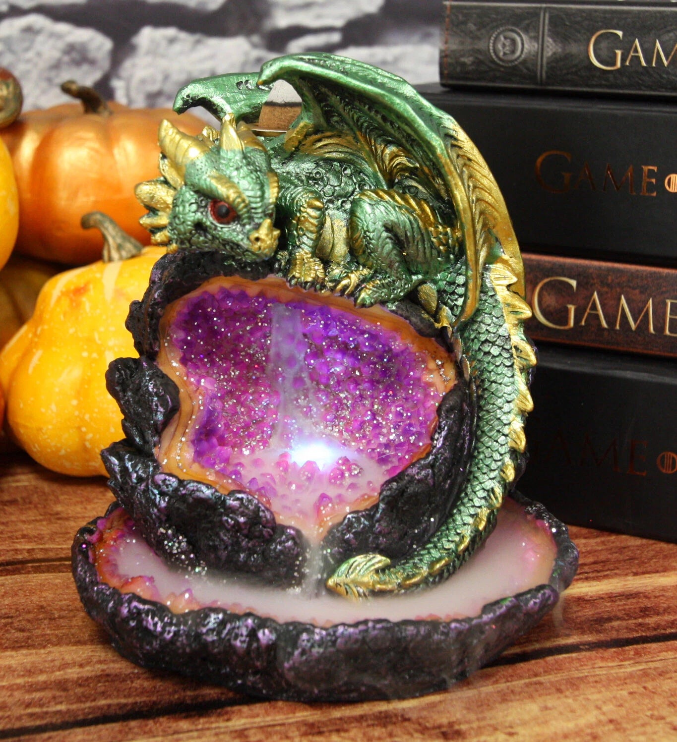 Wyrmling Dragon On Crystal Geode Rock Backflow Incense Burner Statue With LED-1