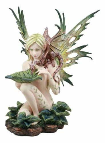 Estatua de hada tribal del bosque desnuda de 33 cm de alto alimentando a un dragón.-8