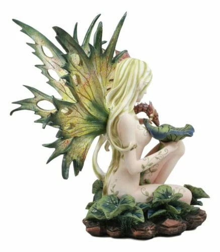 Estatua de hada tribal del bosque desnuda de 33 cm de alto alimentando a un dragón.-9