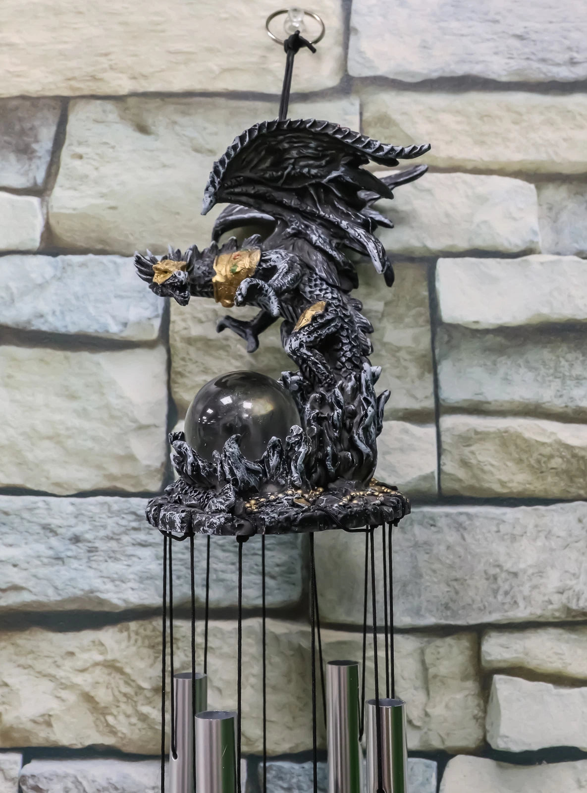 Armored Battle Dragon Crystal Sphere Resonant Relaxing Wind Chime Garden Patio-3