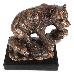 Black Bear Mother With Cub Climbing Rock Bronze Electroplated Resin Statue 9"H-9