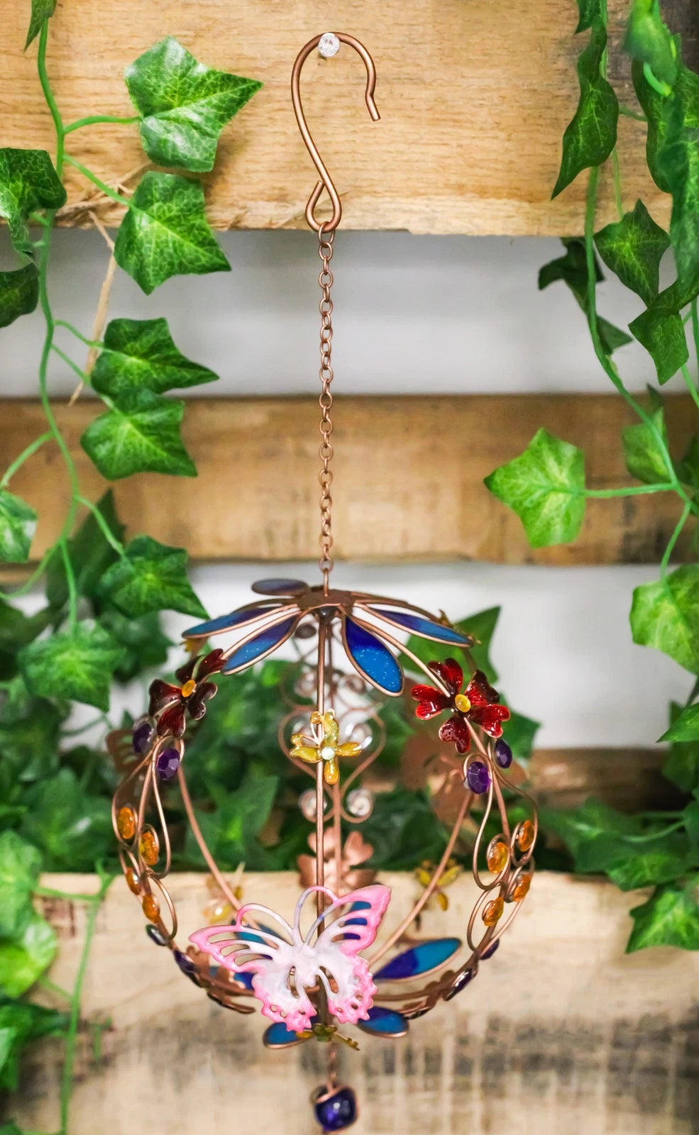 Monarch Butterflies by Floral Garden Globe Art Glass Gemstones Metal Wind Chime-8