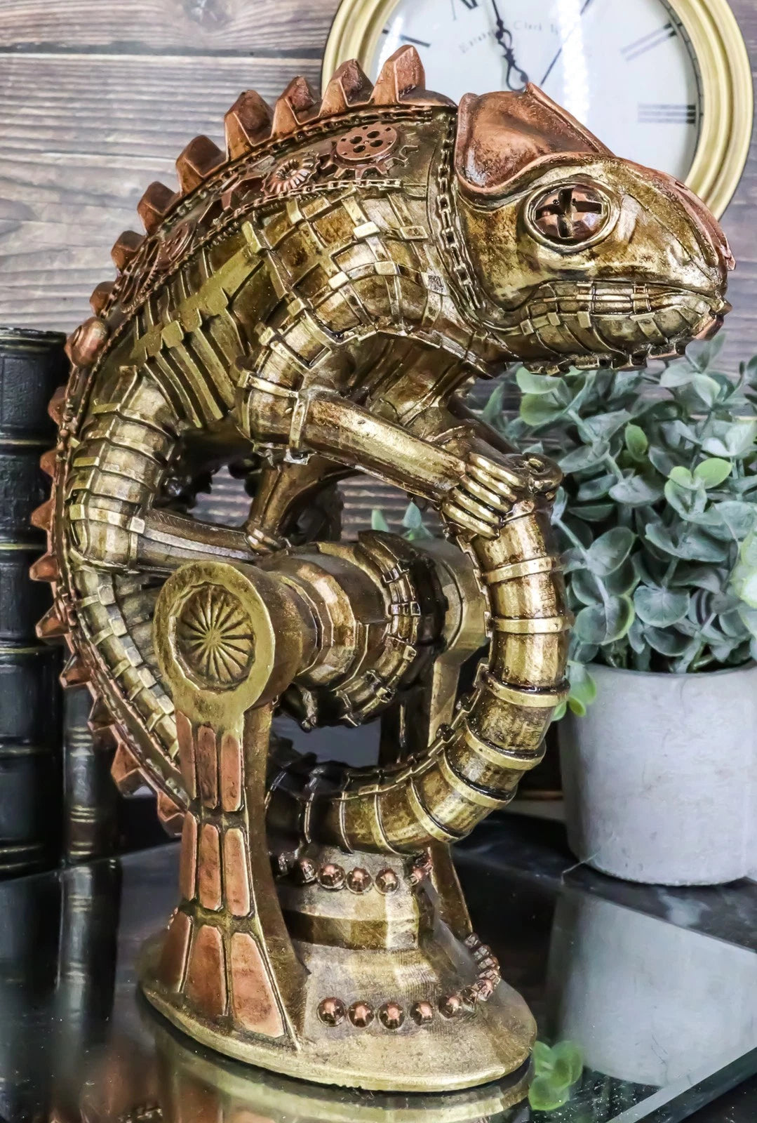 Geared Clockwork Vintage Steampunk Iguana Lizard Coiling On Stand Figurine-1