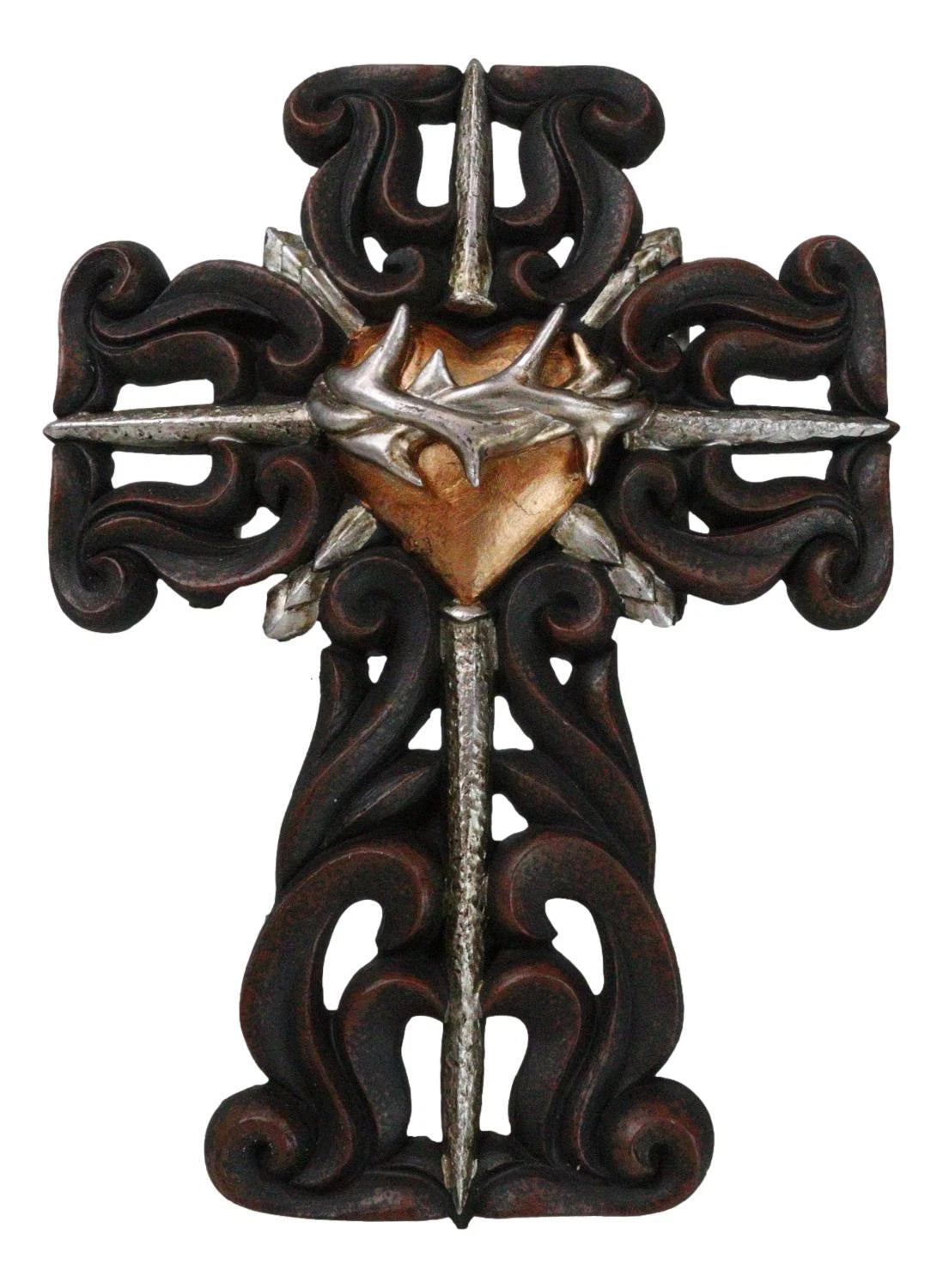 Rustic Sacred Heart Crown of Thorns And Spike Nails Faux Wooden Wall Cross Decor-7