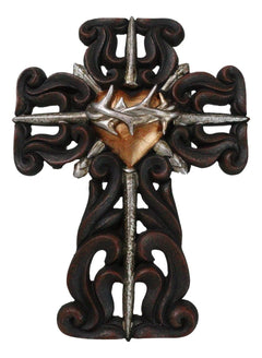 Rustic Sacred Heart Crown of Thorns And Spike Nails Faux Wooden Wall Cross Decor-7