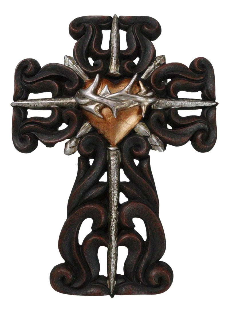 Rustic Sacred Heart Crown of Thorns And Spike Nails Faux Wooden Wall Cross Decor-7