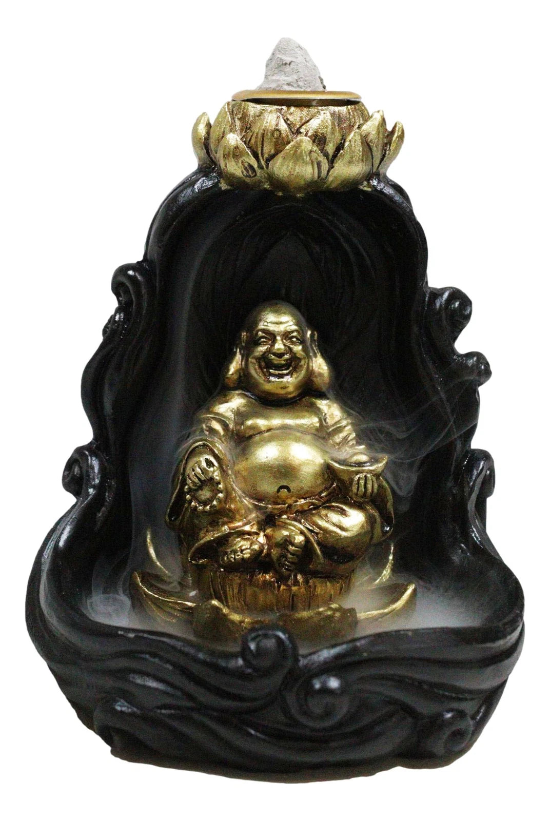 Golden Laughing Buddha Hotei On Black Cloud Lotus Backflow Incense Cone Burner-2