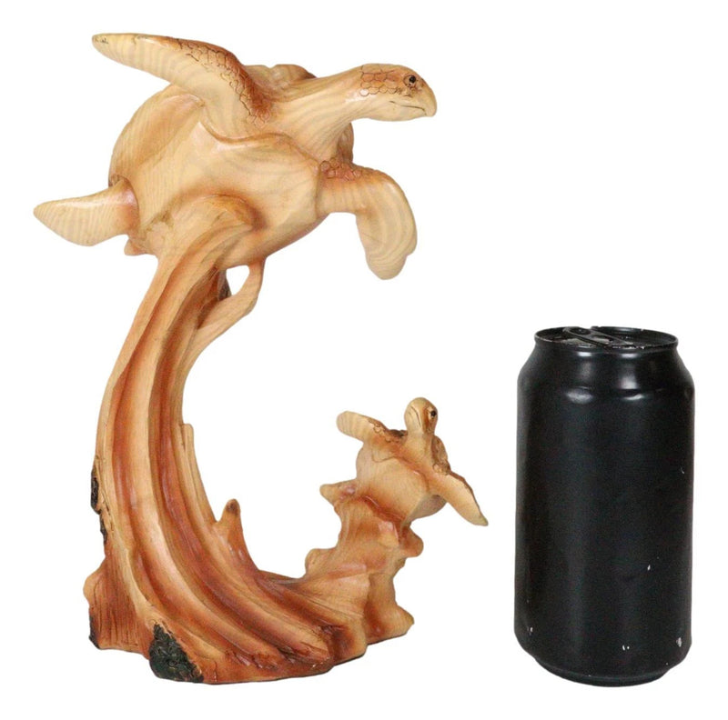 Mother and Baby Sea Turtle Decor Statue 9" Tall Faux Wood Resin Figurine-8