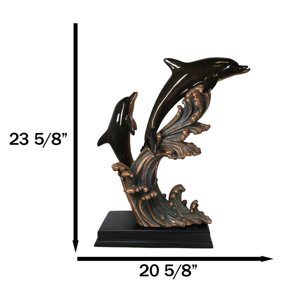 Large 23"H Nautical Marine 2 Bottlenose Dolphins Leaping Over Ocean Waves Statue-9
