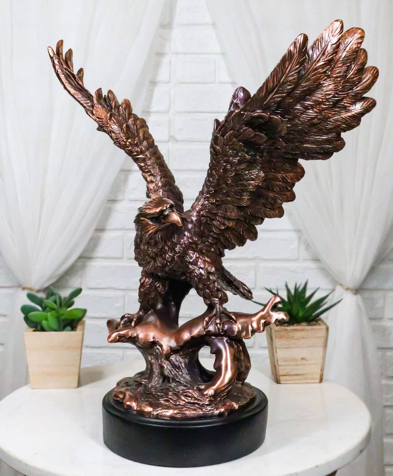 Majestic Bald Eagle With Open Wings Perching On Tree Branch Statue With Base-1